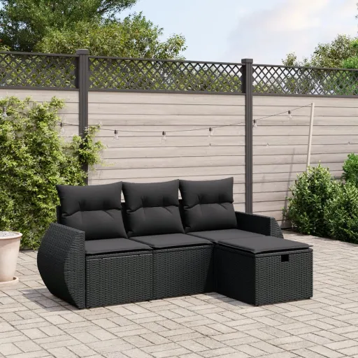 Conjunto de Sofás para Jardim c/ Almofadões Vime PE Preto (4 pcs)