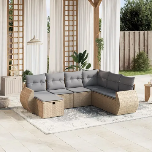 Conj. Sofás Jardim c/ Almofadões Vime PE Bege Misturado (7 pcs)
