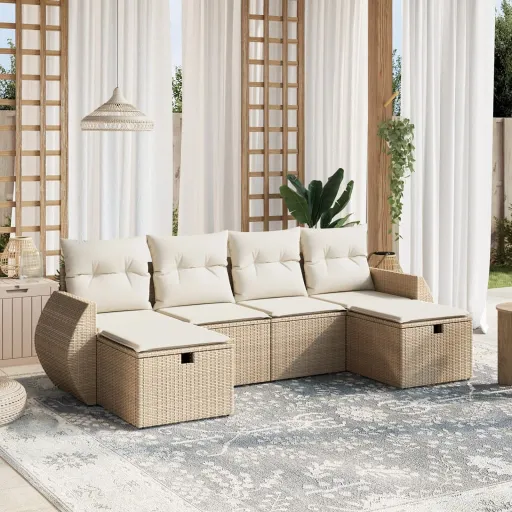 Conjunto de Sofás p/ Jardim com Almofadões Vime PE Bege (6 pcs)