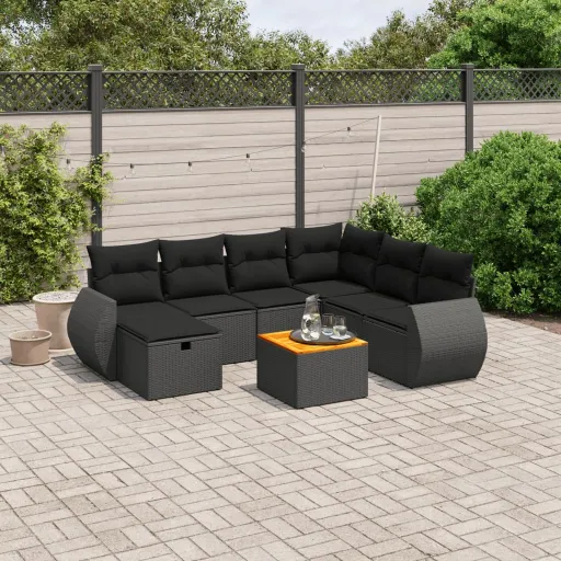 Conjunto Sofás de Jardim com Almofadões Vime PE Preto (8 pcs)