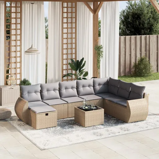 Conj. Sofás Jardim c/ Almofadões Vime PE Bege Misturado (9 pcs)