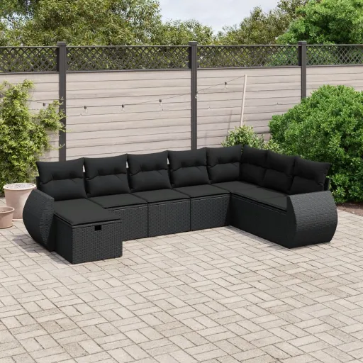 Conjunto Sofás de Jardim com Almofadões Vime PE Preto (8 pcs)
