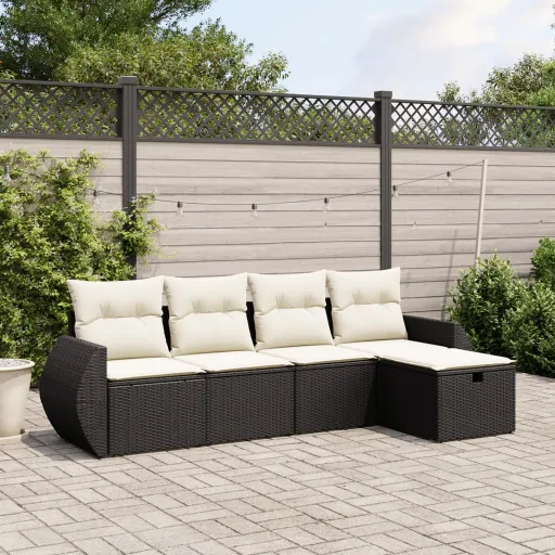 Conjunto Sofás de Jardim com Almofadões Vime PE Preto (5 pcs)