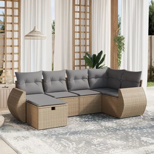 Conj. Sofás Jardim c/ Almofadões Vime PE Bege Misturado (6 pcs)