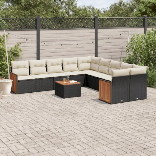 Conjunto Sofás de Jardim c/ Almofadões Vime PE Preto (11 pcs)