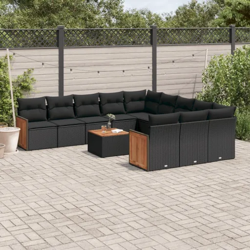 Conjunto de Sofás de Jardim c/ Almofadões Vime PE Preto (12 pcs)