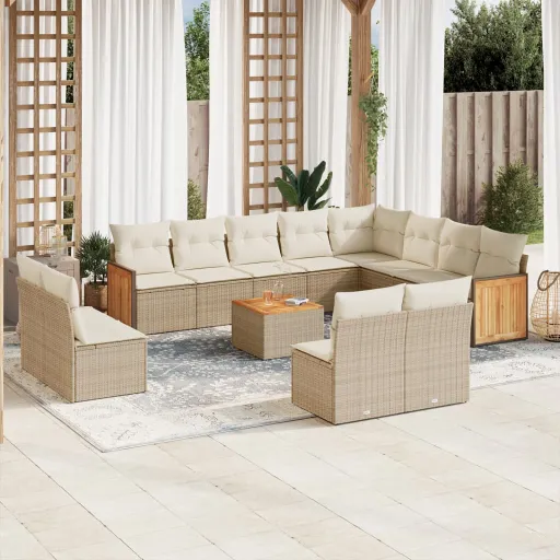 Conjunto de Sofás p/ Jardim com Almofadões Vime PE Bege (13 pcs)
