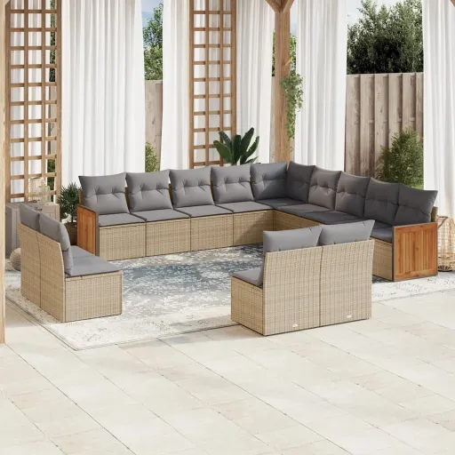 Conjunto de Sofás p/ Jardim com Almofadões Vime PE Bege (13 pcs)