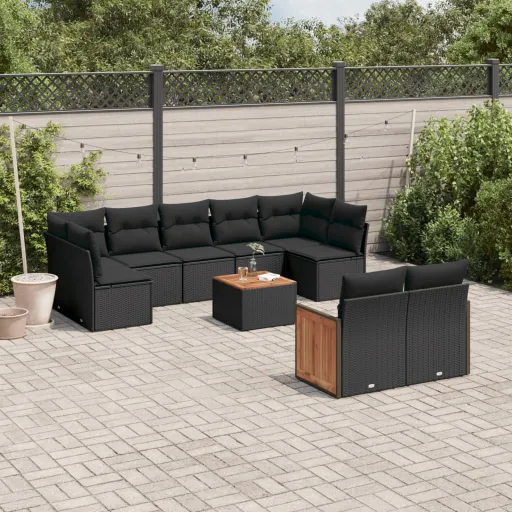 Conjunto Sofás de Jardim c/ Almofadões Vime PE Preto (10 pcs)