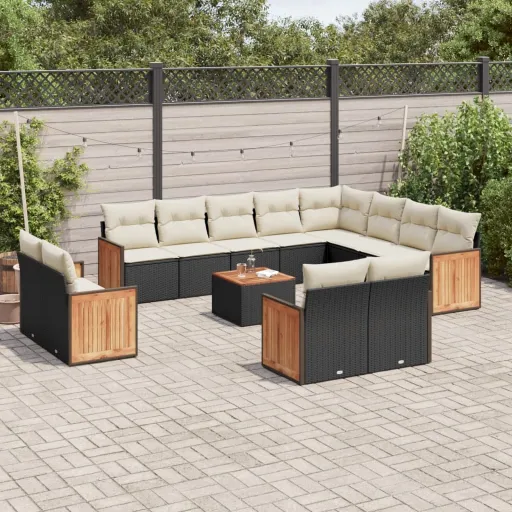 Conjunto de Sofás de Jardim com Almofadões Vime PE Preto (13 pcs)