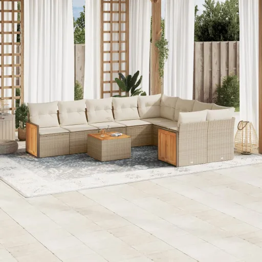 Conjunto de Sofás p/ Jardim com Almofadões Vime PE Bege (10 pcs)