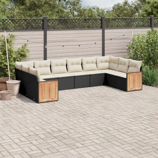 Conjunto Sofás de Jardim c/ Almofadões Vime PE Preto (10 pcs)