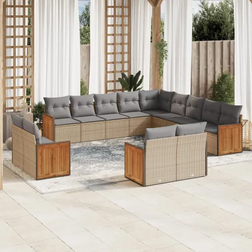 Conjunto de Sofás p/ Jardim com Almofadões Vime PE Bege (13 pcs)