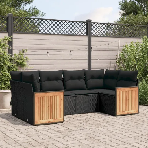Conjunto Sofás de Jardim c/ Almofadões Vime PE Preto (6 pcs)