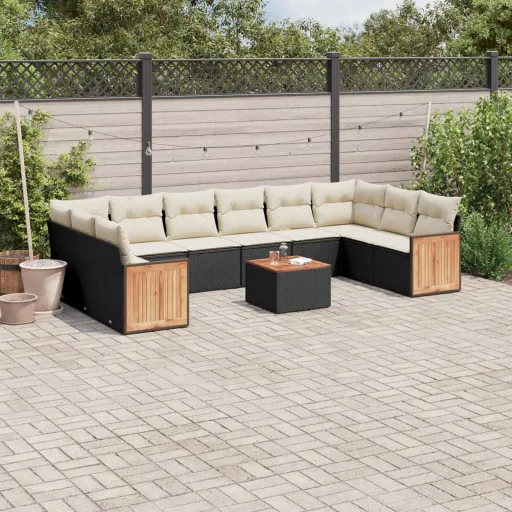 Conjunto Sofás de Jardim c/ Almofadões Vime PE Preto (11 pcs)