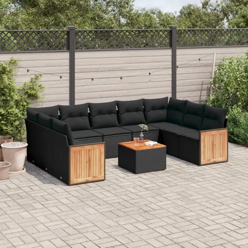 Conjunto Sofás de Jardim c/ Almofadões Vime PE Preto (10 pcs)