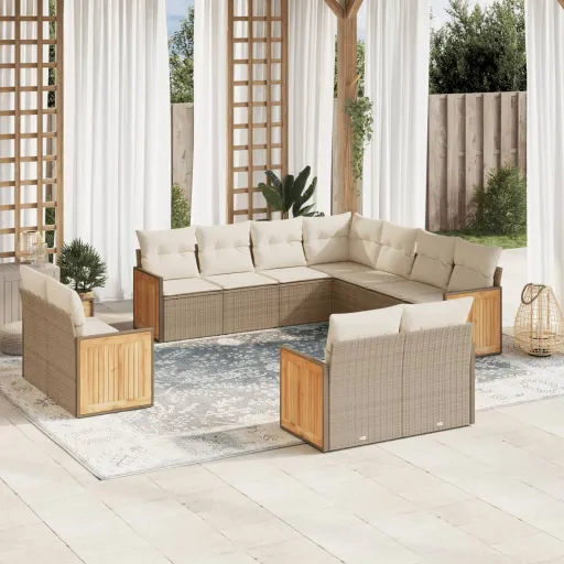Conjunto Sofás de Jardim c/ Almofadões Vime PE Bege (11 pcs)