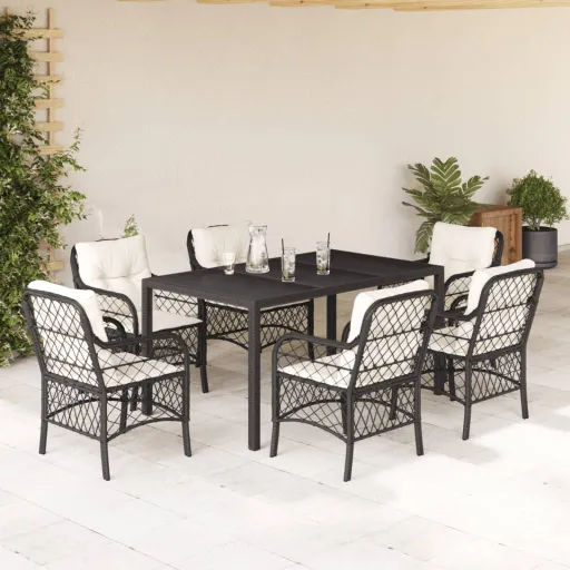 Conjunto de Jantar p/ Jardim c/ Almofadões Vime PE Preto (7 pcs)