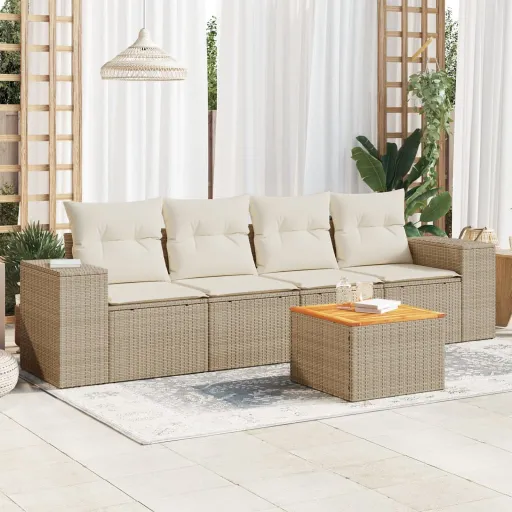 Conjunto de Sofás p/ Jardim com Almofadões Vime PE Bege (5 pcs)