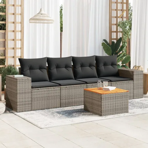 Conjunto Sofás de Jardim c/ Almofadões Vime PE Cinzento (5 pcs)