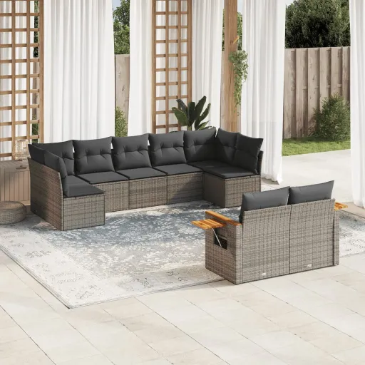 Conjunto Sofás p/ Jardim com Almofadões Vime PE Cinzento (9 pcs)