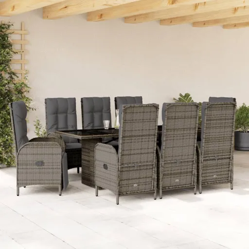 Conjunto de Jantar p/ Jardim c/ Almofadões Vime PE Cinza (9 pcs)