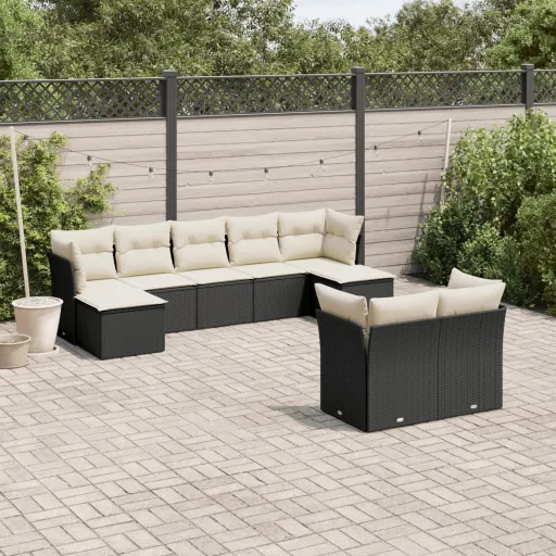 Conjunto de Sofás p/ Jardim c/ Almofadões Vime PE Preto (9 pcs)