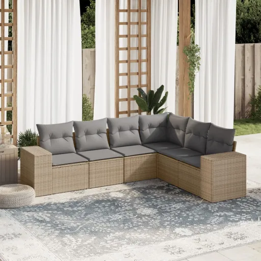 Conjunto de Sofás p/ Jardim com Almofadões Vime PE Bege (6 pcs)