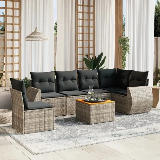 Conjunto Sofás p/ Jardim c/ Almofadões Vime PE Cinzento (7 pcs)