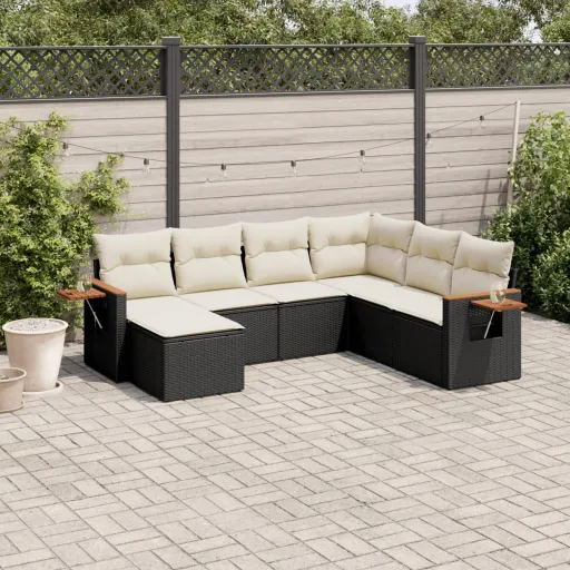 Conjunto de Sofás p/ Jardim c/ Almofadões Vime PE Preto (7 pcs)