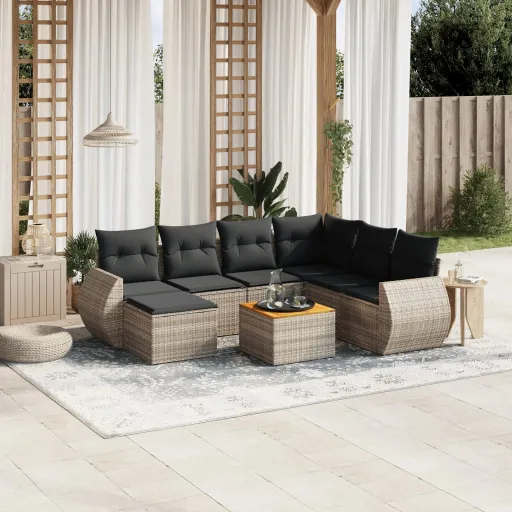 Conjunto Sofás de Jardim c/ Almofadões Vime PE Cinzento (8 pcs)