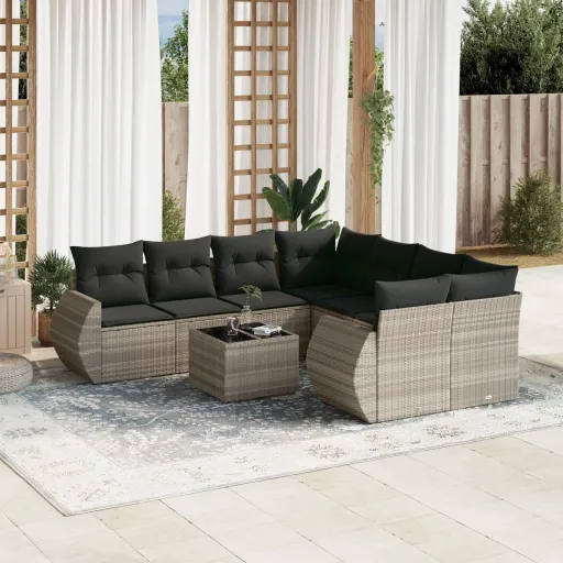 Conj. Sofás Jardim com Almofadões Vime PE Cinzento-Claro (9 pcs)