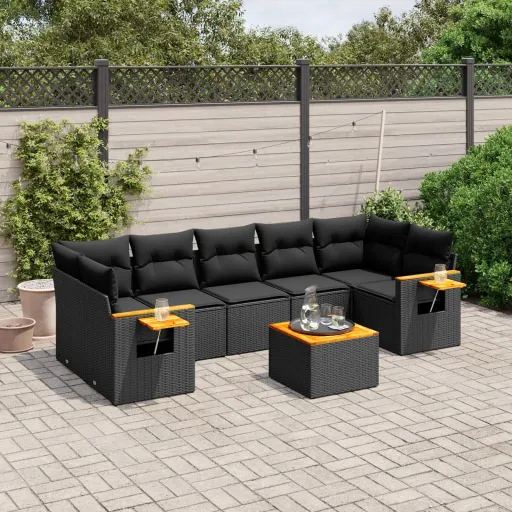 Conjunto Sofás de Jardim com Almofadões Vime PE Preto (8 pcs)