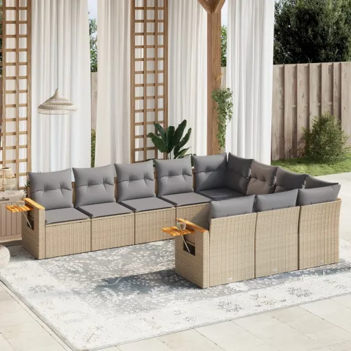 Conjunto de Sofás p/ Jardim com Almofadões Vime PE Bege (10 pcs)