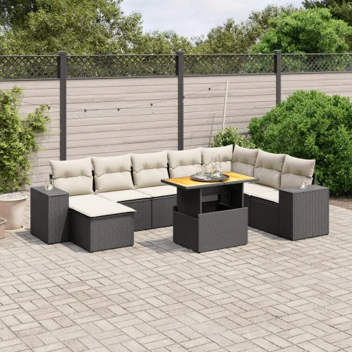 Conjunto de Sofás p/ Jardim c/ Almofadões Vime PE Preto (9 pcs)