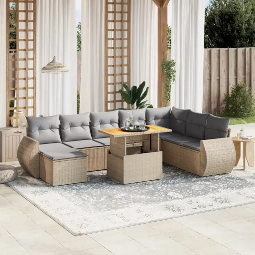 Conjunto de Sofás p/ Jardim com Almofadões Vime PE Bege (9 pcs)
