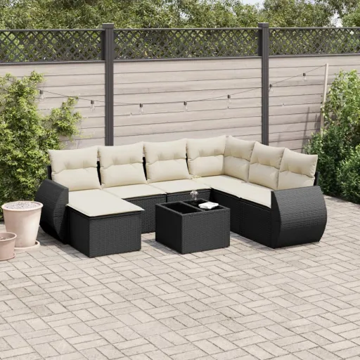 Conjunto Sofás de Jardim com Almofadões Vime PE Preto (8 pcs)
