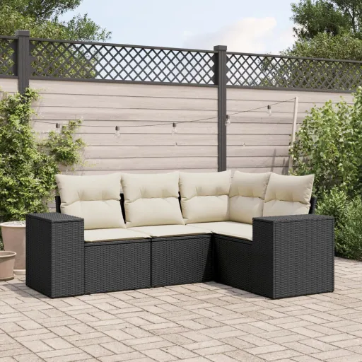 Conjunto de Sofás para Jardim c/ Almofadões Vime PE Preto (4 pcs)