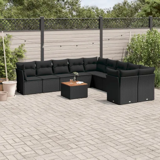 Conjunto Sofás de Jardim c/ Almofadões Vime PE Preto (11 pcs)