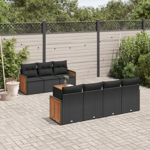 Conjunto Sofás de Jardim com Almofadões Vime PE Preto (8 pcs)
