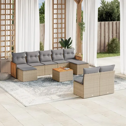 Conjunto de Sofás p/ Jardim com Almofadões Vime PE Bege (10 pcs)