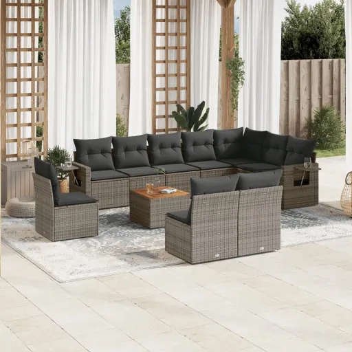 Conjunto Sofás de Jardim c/ Almofadões Vime PE Cinzento (11 pcs)
