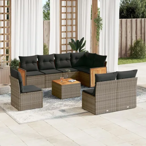 Conjunto Sofás p/ Jardim com Almofadões Vime PE Cinzento (9 pcs)