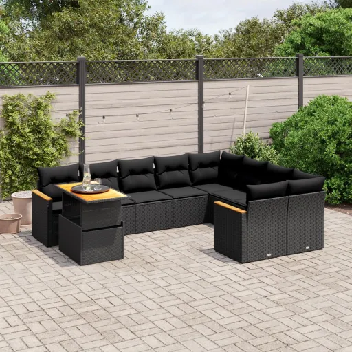 Conjunto Sofás de Jardim c/ Almofadões Vime PE Preto (10 pcs)
