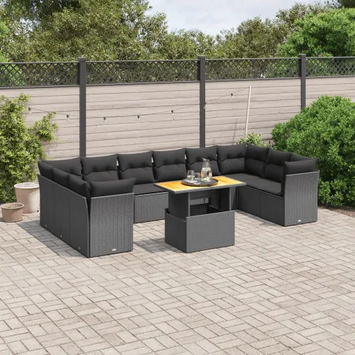 Conjunto Sofás de Jardim c/ Almofadões Vime PE Preto (11 pcs)