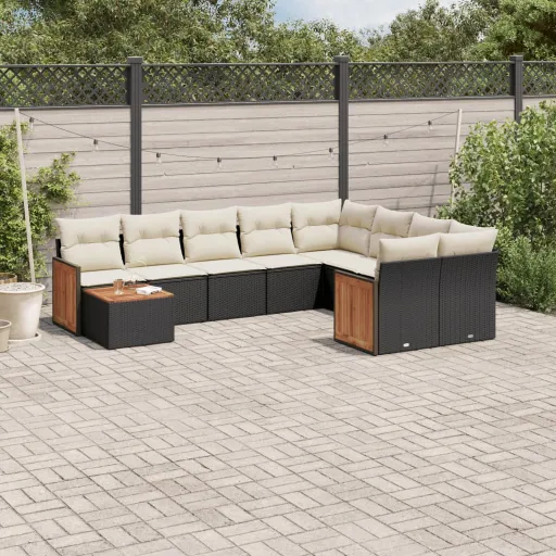 Conjunto Sofás de Jardim c/ Almofadões Vime PE Preto (10 pcs)