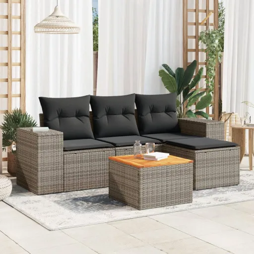Conjunto Sofás de Jardim c/ Almofadões Vime PE Cinzento (5 pcs)