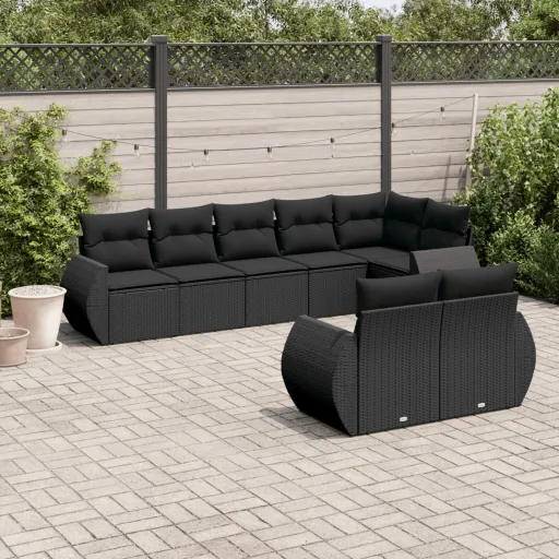 Conjunto Sofás de Jardim com Almofadões Vime PE Preto (8 pcs)