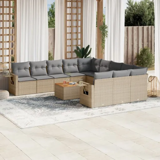 Conjunto de Sofás p/ Jardim com Almofadões Vime PE Bege (12 pcs)