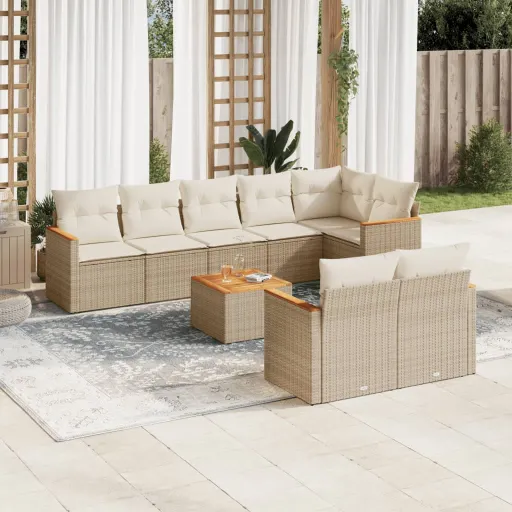 Conjunto de Sofás p/ Jardim com Almofadões Vime PE Bege (9 pcs)